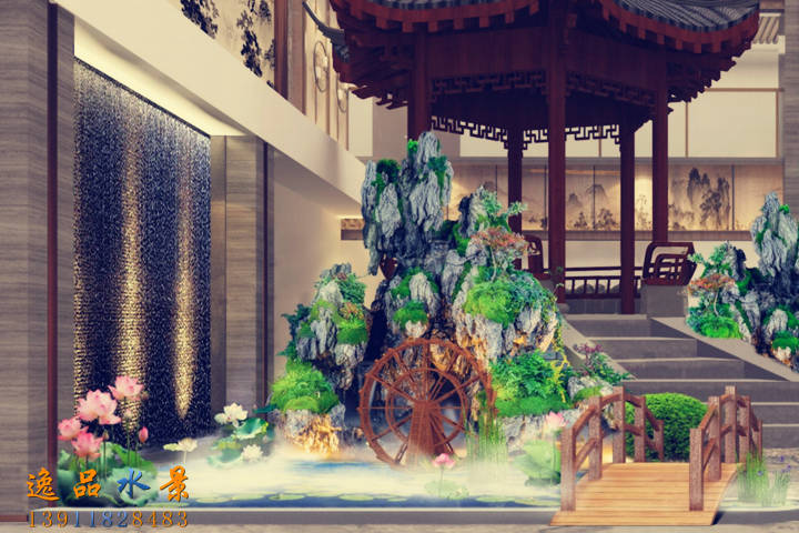 中庭黑色石材水幕墙流水假山水车水系景观